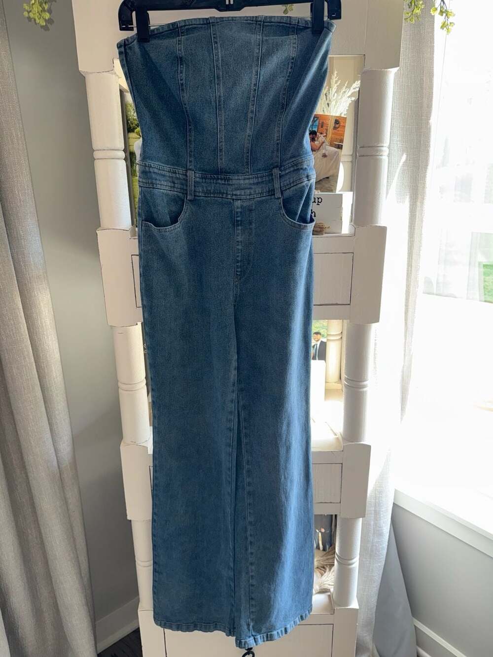 Le Lis Collection Women's Strapless Denim Bandeau Jumpsuit Size S